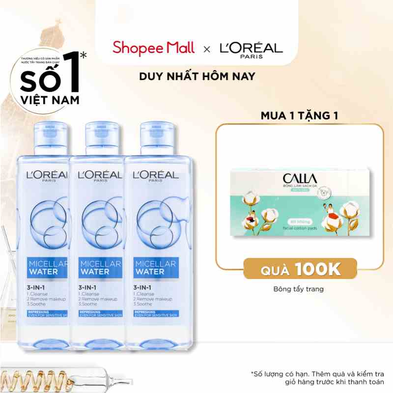 Bộ 3 nước tẩy trang đa năng 3-in-1 LOreal Paris Micellar tươi mát 400ml x 3