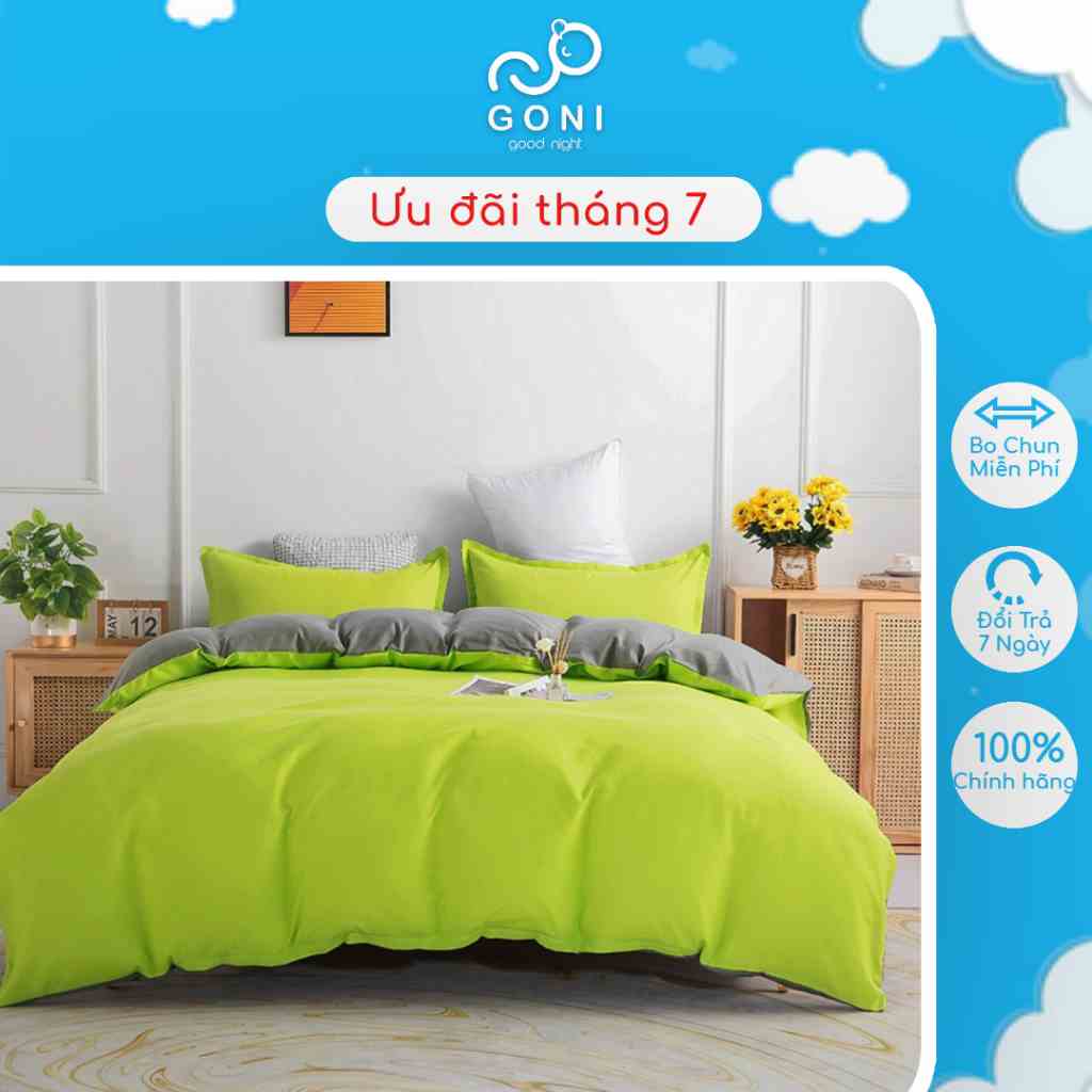 Bộ Chăn Ga Gối Cotton Tici GONI Drap Giường Phối Màu Xanh Chuối Xám Đủ Kích Thước Trải Nệm Không Kèm Ruột