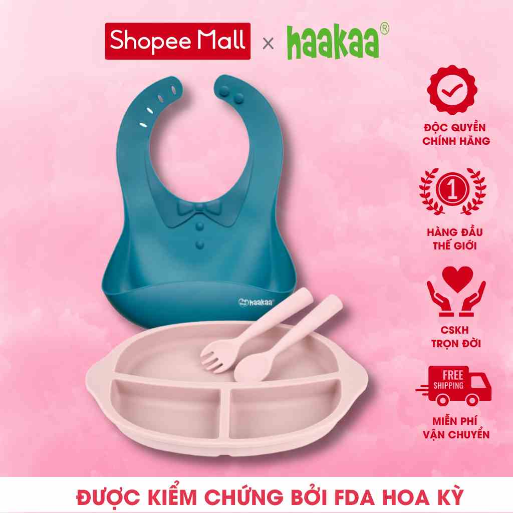 Bộ ăn dặm khay, yếm, thìa dĩa silicone cho bé Haakaa