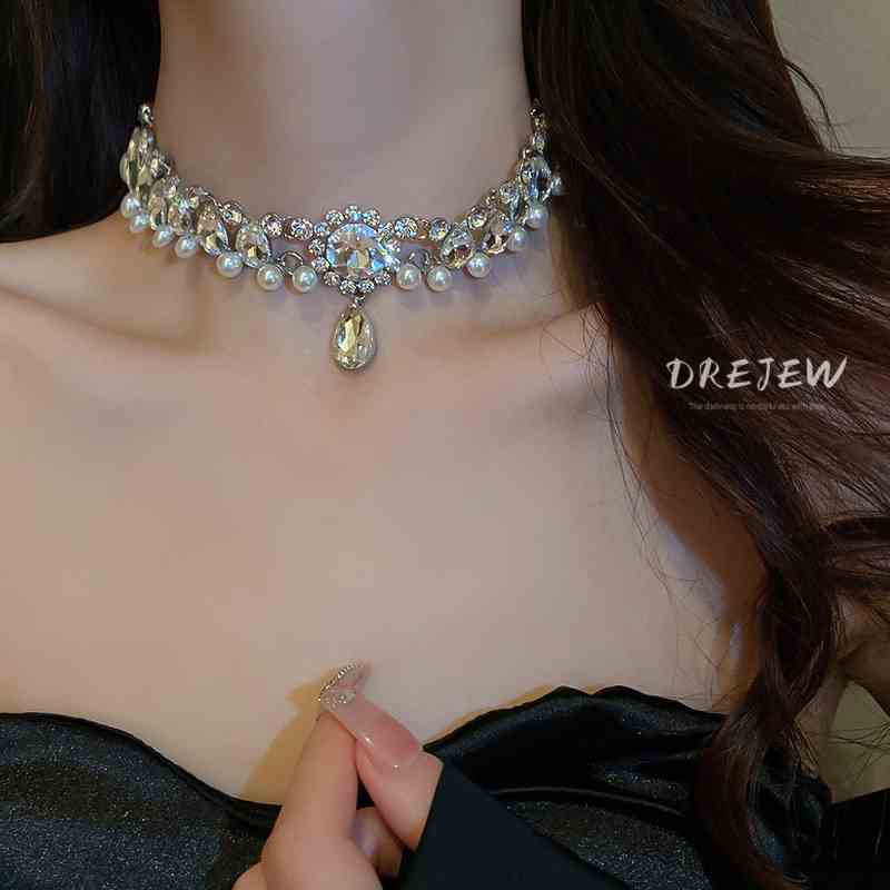 DREJEW Vòng Cổ choker Đính Đá Ngọc Trai Hình Giọt Nước Phong Cách Sang Trọng Dành Cho Nữ