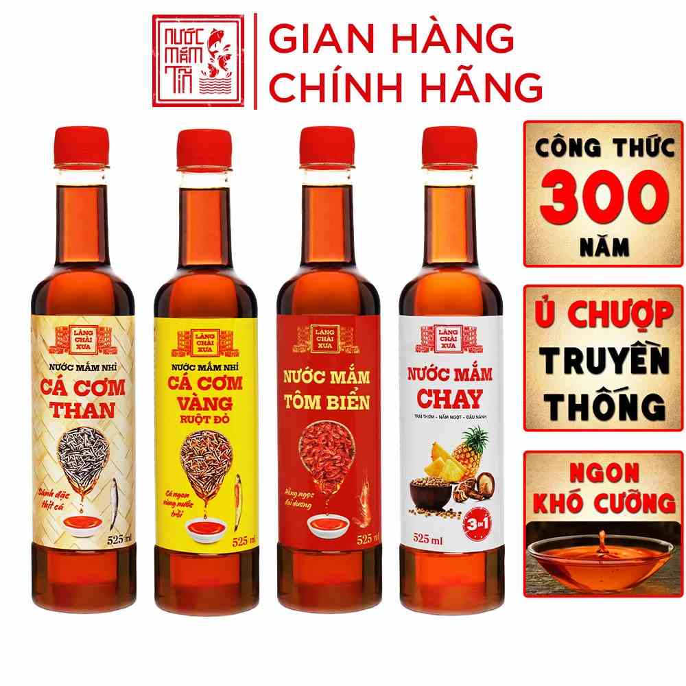 [Combo 4 Chai] Nước Mắm Nhỉ Làng Chài Xưa Cá Cơm Than, Tôm Biển, Cá Cơm Vàng Ruột Đỏ, Chay 3 trong 1 525ml/chai nhựa