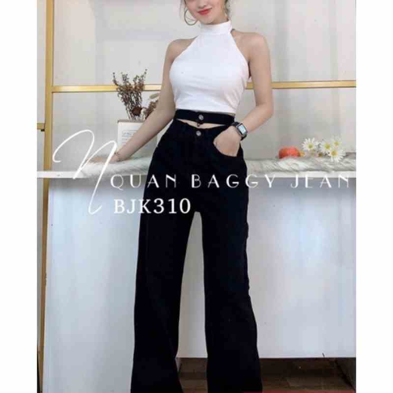 Quần Baggy Jean Nữ LB_Official , Lưng Cao Ống Rộng, Lai Tua