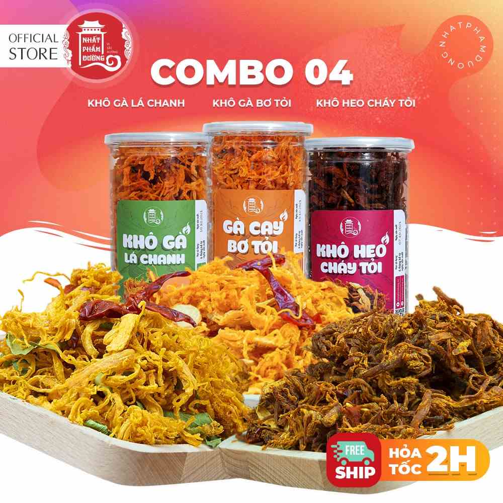 Combo 3 hộp khô gà lá chanh, khô gà bơ tỏi, khô heo cháy tỏi Nhất Phẩm Đường 300gx3 hộp đồ ăn vặt