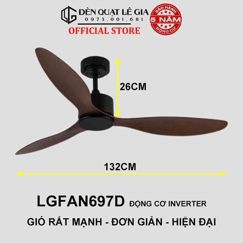 Quạt Trần Hiện Đại Phong Cách Indochine LÊ GIA LGFAN697D - Chiều Cao 26cm - Sải Cánh 132cm - Bảo Hành 5 Năm