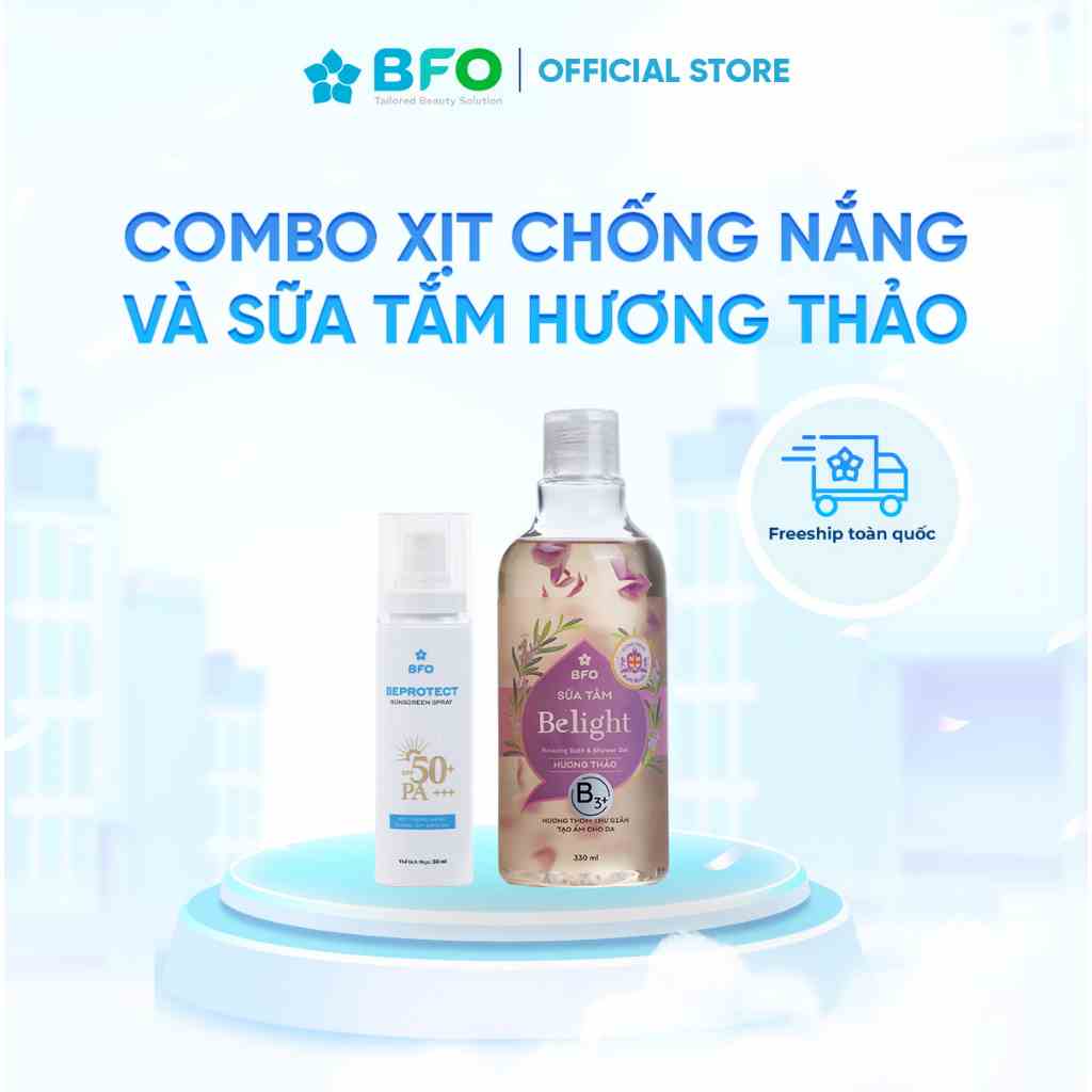 Combo Xịt chống nắng Beprotect Sunscreen Spray 50ml (Đồng) + Sữa tắm cánh hoa tinh dầu hương thảo (330ml)