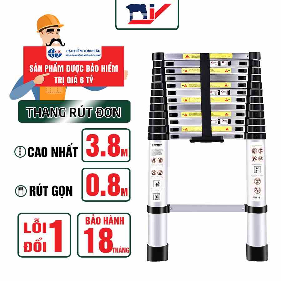 [Mã BMLTB200 giảm đến 100K đơn 499K] Thang Nhôm Rút Đơn DIY TL-I-38 chiều cao sử dụng tối đa 3.8m