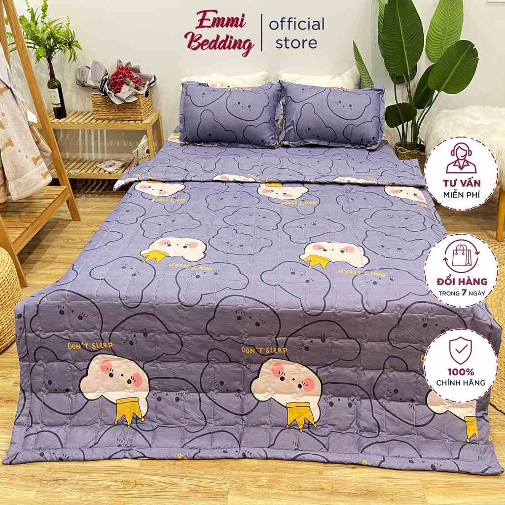 Set ga gối chăn hè chần bông Cotton 5 món EMMIBedding, mẫu gấu vương niệm mền cotton họa tiết đáng yêu