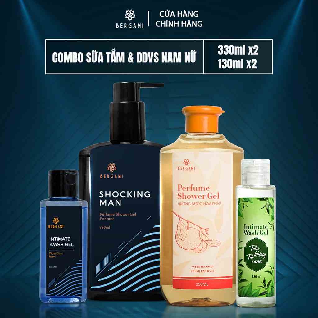 Combo Sữa tắm nước hoa Nam Shocking Man 330ml & Sữa tắm Nữ Bergami 330ml & DDVS Nam 130ml & DDVS Nữ 130ml