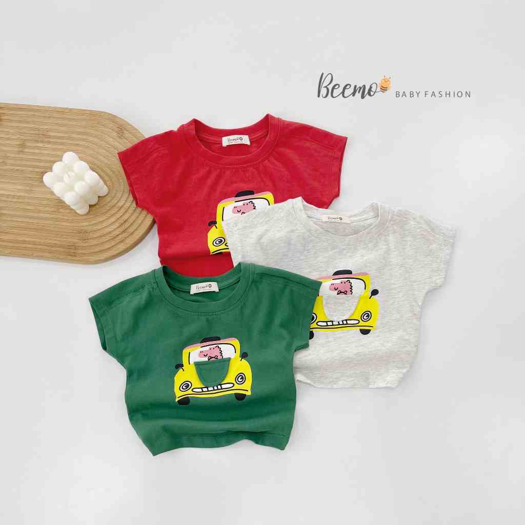 Áo phông in hình khủng long lái ô tô cho bé Beemo, Chất liệu cotton siêu mềm, 3 màu xinh xắn B127