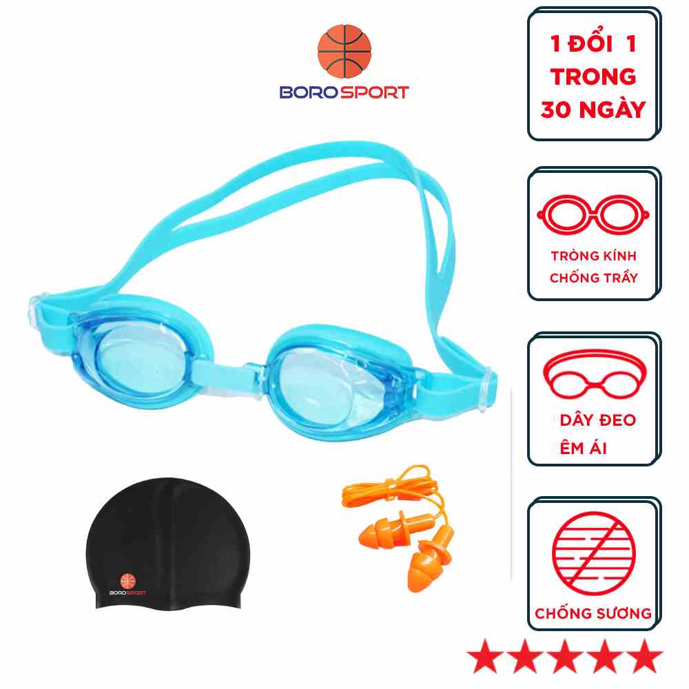 Kính bơi trẻ em CLEACCO PN-506 chống tia UV , chống sương mờ tặng nón bơi và bit tai silicone BORO SPORT