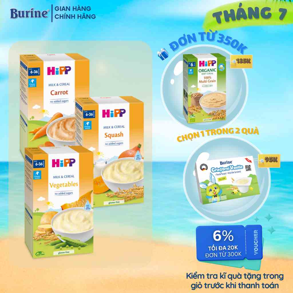 Bột ăn dặm dinh dưỡng Sữa, Ngũ cốc & Rau củ HiPP (Burine) 100% Organic 250g, dành cho bé từ 6 tháng tuổi