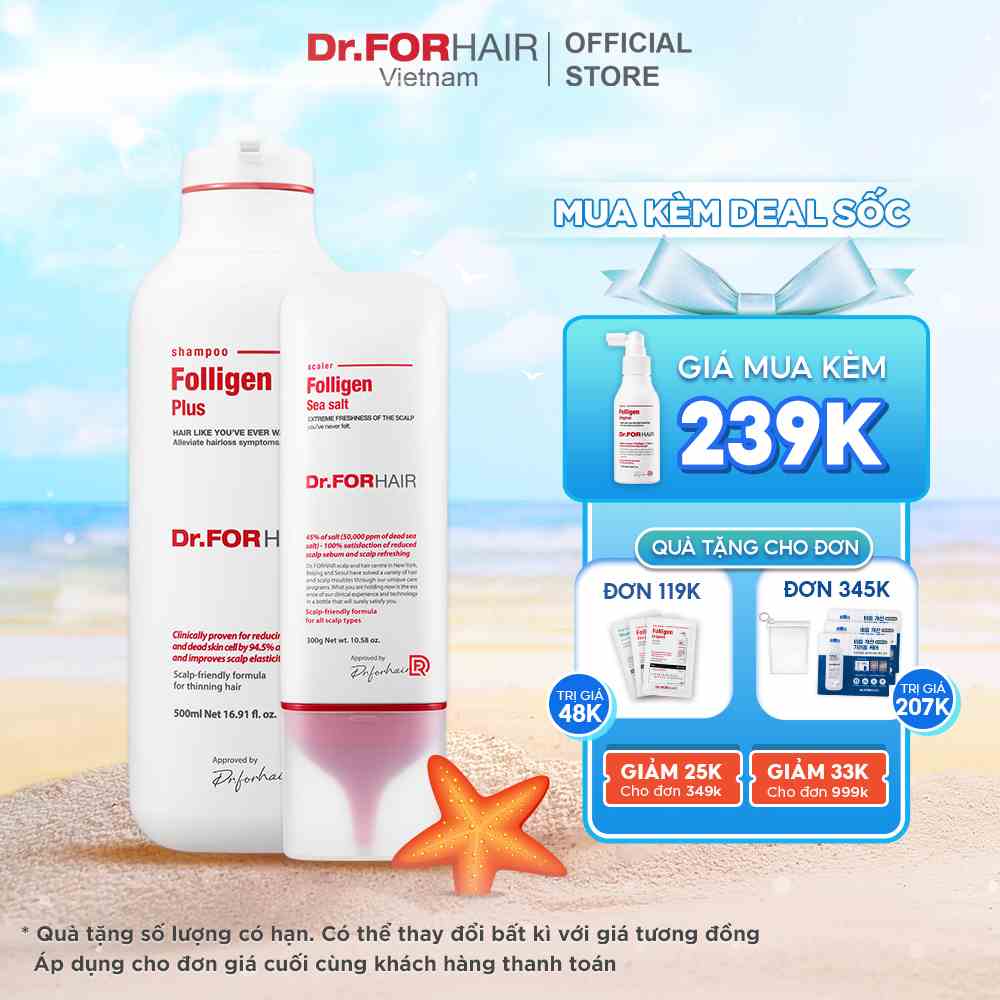 Combo dầu gội đầu ngăn ngừa rụng tóc Dr.FORHAIR Folligen Plus Shampoo 500ml x Sea Salt Scaler 300g