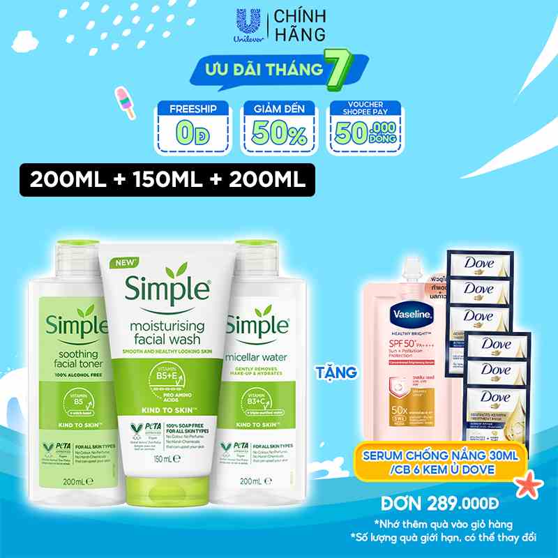 Combo Simple Tẩy trang Micellar 200ml + Sữa rửa mặt 150ml + Nước hoa hồng 200ml sạch sâu hiệu quả [CHÍNH HÃNG ĐỘC QUYỀN]