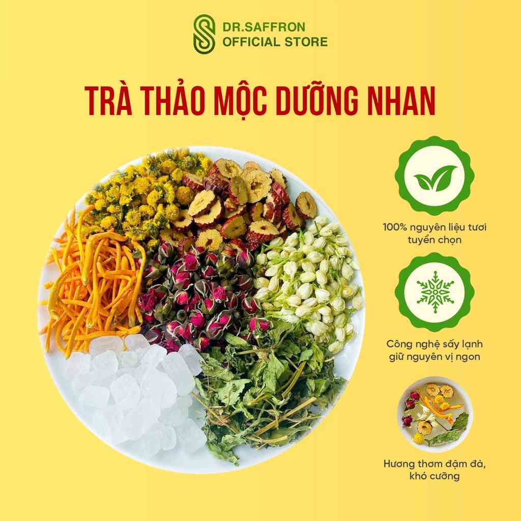 Trà thảo mộc dưỡng nhan thương hiệu Mộc Hương Sơn đông trùng hạ thảo, hoa cúc vàng, hoa hồng, cỏ ngọt, táo đỏ - gói 10gr