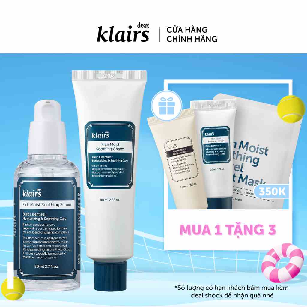 Combo Dear, Klairs tinh chất Rich Moist Soothing Serum 80ml + Dear, Klairs Kem dưỡng Rich Moist Soothing Cream 80ml