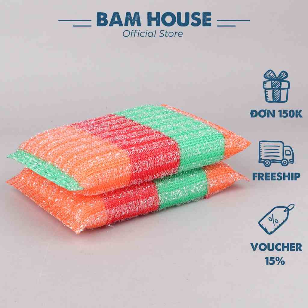 Combo 2 Cước rửa chén Bam House cam đỏ siêu dày lõi mút kháng khuẩn cao cấp CCR08 - Cước rửa chén Cuoc rua chen