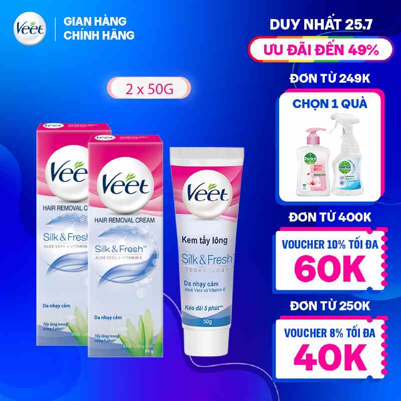 [Mã FMCGVEET71 giảm 8% đơn 150k] Combo 2 Kem tẩy lông cho da nhạy cảm Veet Silk Fresh 50g/tuýp