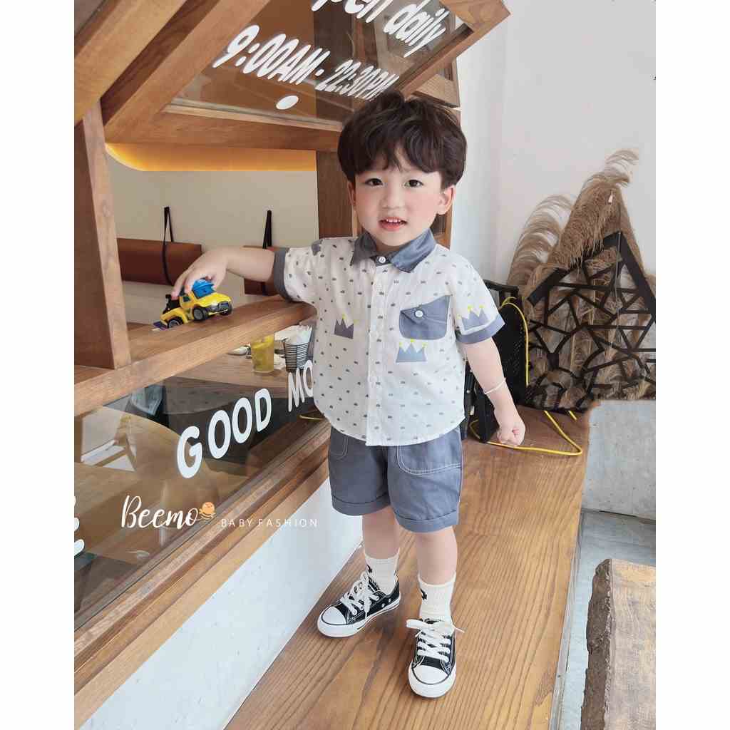 Set bộ sơ mi Beemo cộc tay in hình vương miện thấm hút mồ hôi tốt mặc đi học, đi chơi cho bé từ 1 - 7 tuổi 23419B