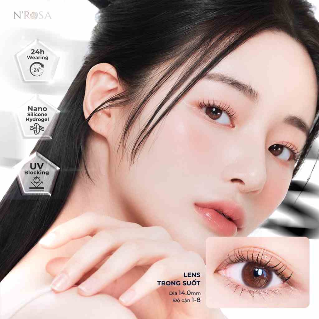 Lens trong suốt cận có độ từ 1-10 cho mắt thở cao cấp N’Rosa Angel Eyes phân phối | Chất liệu Silicone Hydrogel khoá ẩm