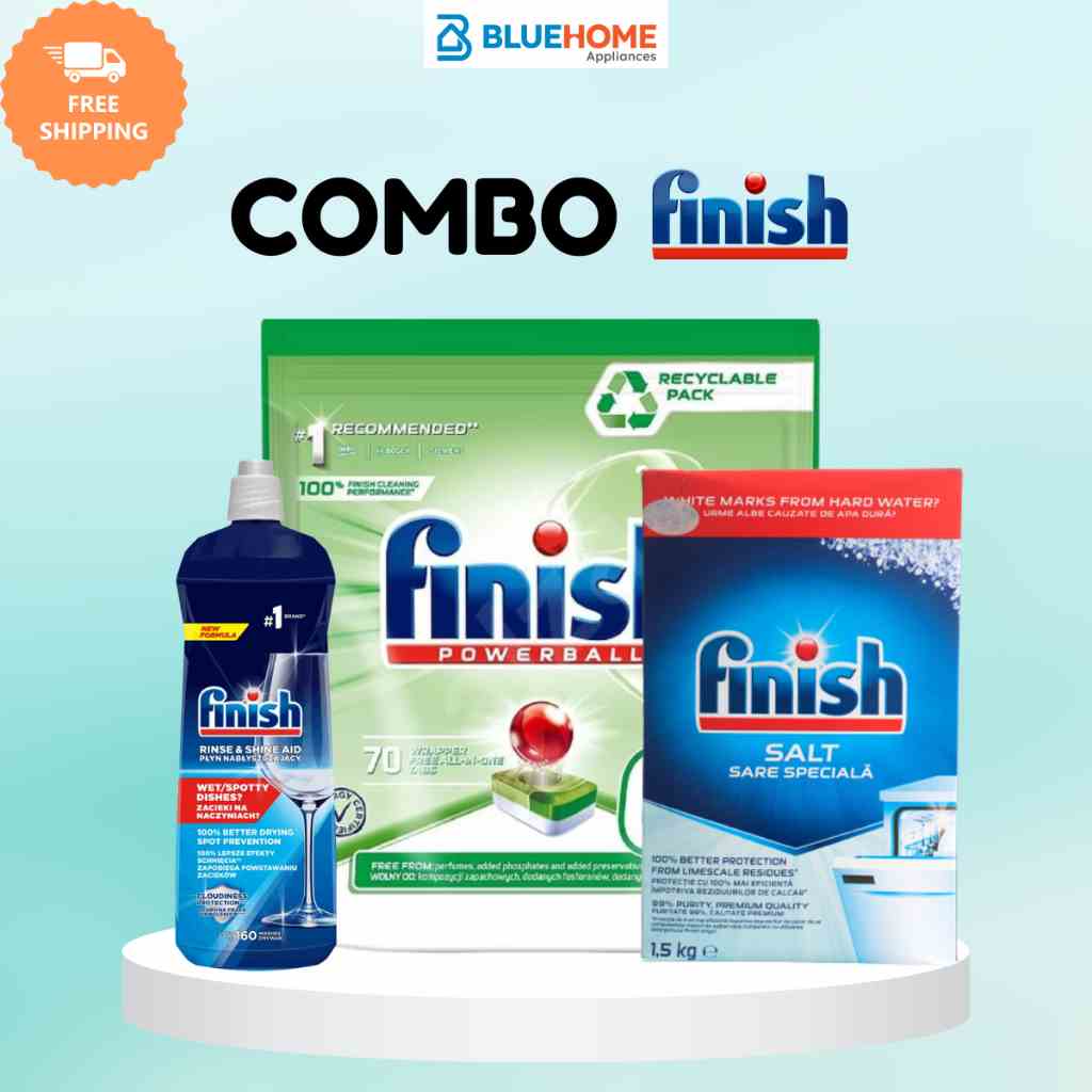 Combo Finish: Viên rửa bát Finish Eco 0% 70 viên + Muối 1.5kg + Bóng 800ml