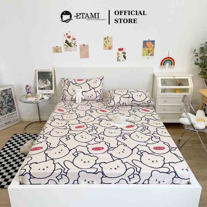 Bộ ga gối ETAMI drap giường cotton poly 5D, ga trải giường + 2 vỏ gối nằm Gấu cute