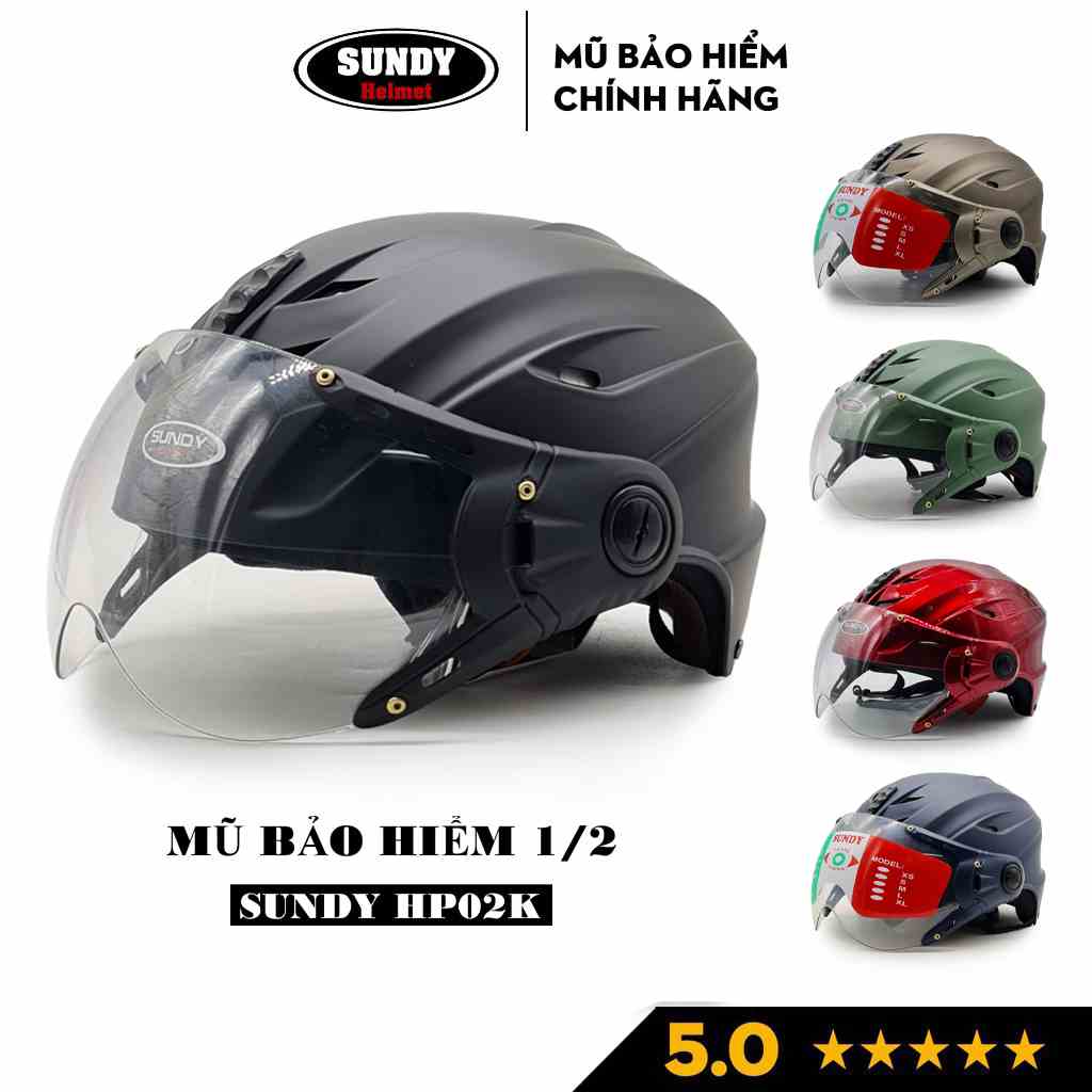 Nón bảo hiểm nửa đầu có kính SUNDY Helmets HP02K, vân mũ thể thao, Freesize (vòng đầu 56-59cm) cho nam nữ