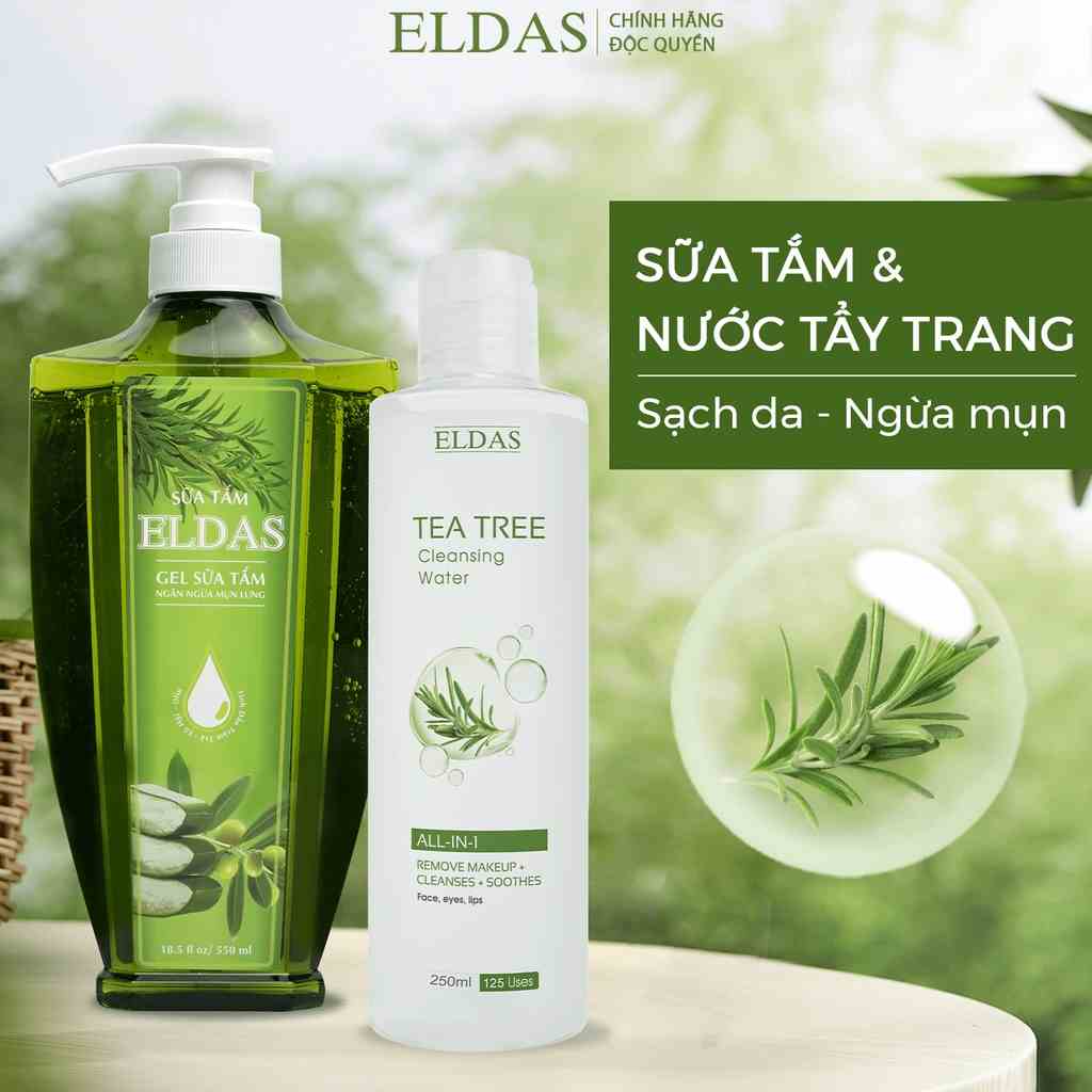 Combo Sữa Tắm Mụn Lưng Eldas & Nước Tẩy Trang Da Dầu Mụn Eldas, Ngừa Khuẩn 99% Tinh Chất Tràm Trà 550ml/chai&250ml/chai