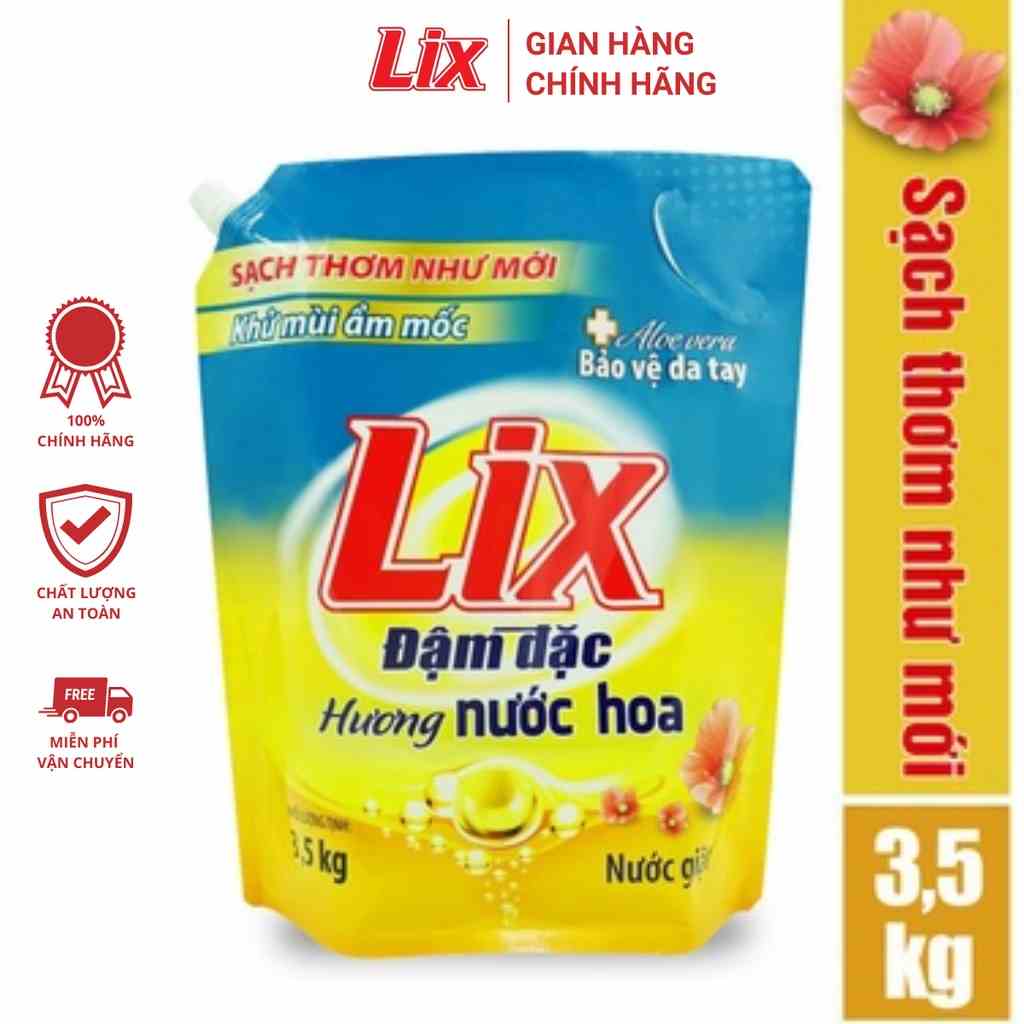 Nước giặt Lix hương nước hoa túi 3.5Kg sạch thơm như mới khử mùi nấm mốc NGH07 nước giặt bảo vệ da tay