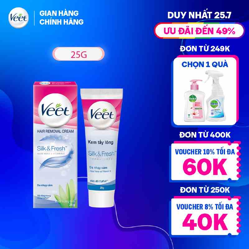 [Bạn mới nhập COSHBM -50% đơn 0Đ] Kem tẩy lông cho da nhạy cảm Veet Silk Fresh 25g