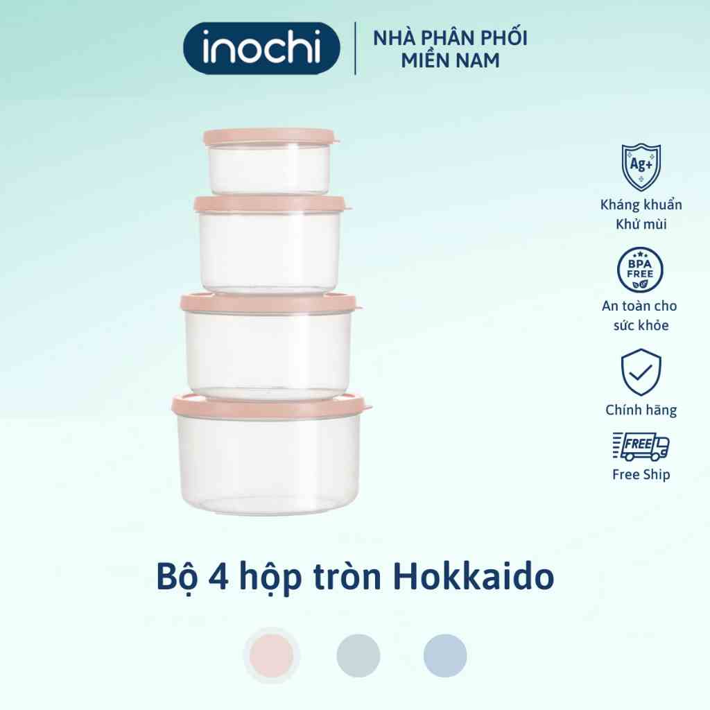 Bộ 4 hộp thực phẩm tròn Inochi Hokkaido 500-1000-1500-2500ml Inochi  chất liệu nhựa PP an toàn sử dụng