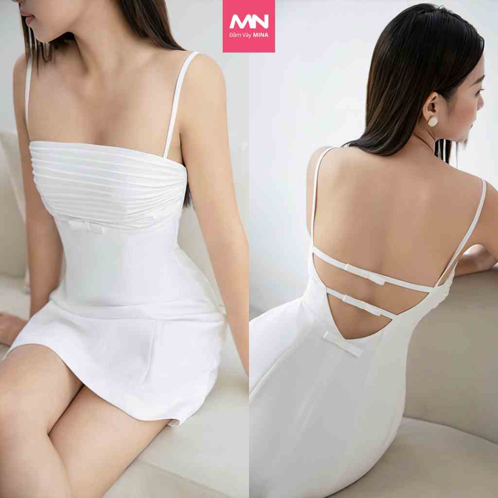 Đầm dự tiệc MINA ôm body hai dây hở lưng dáng ngắn mini màu trắng chất liệu Cotton quyến rũ trẻ trung MN206