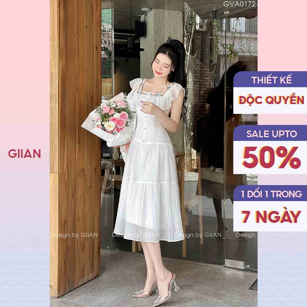 Váy trắng dáng dài cánh tiên cổ vuông thêu họa tiết hoa thương hiệu Giian - VA0172