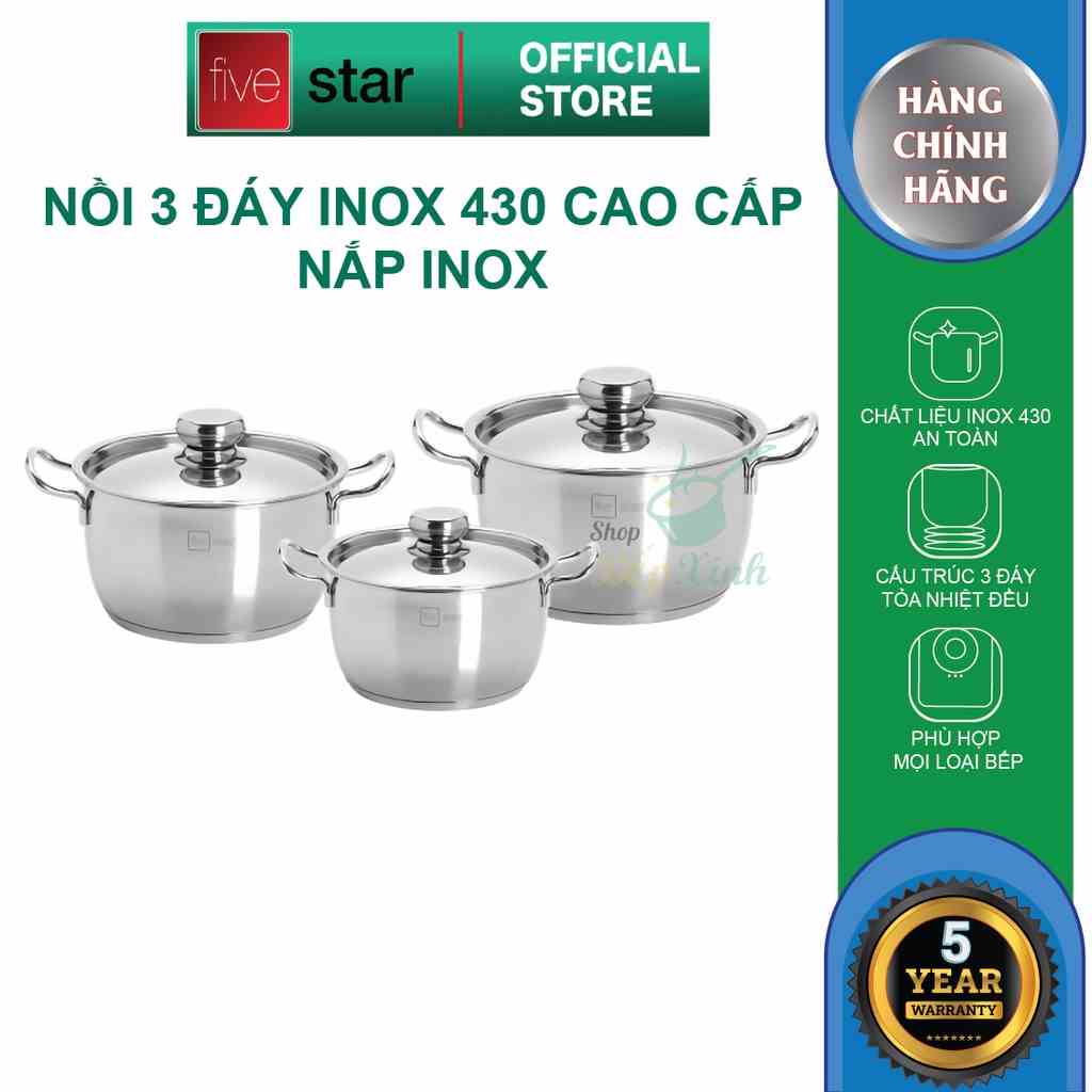 Bộ nồi 3 đáy inox 430 Thân Cool Fivestar Standard nắp inox FS-B3010 (Kích thước 16cm - 20cm - 24cm), tặng 1 vá canh