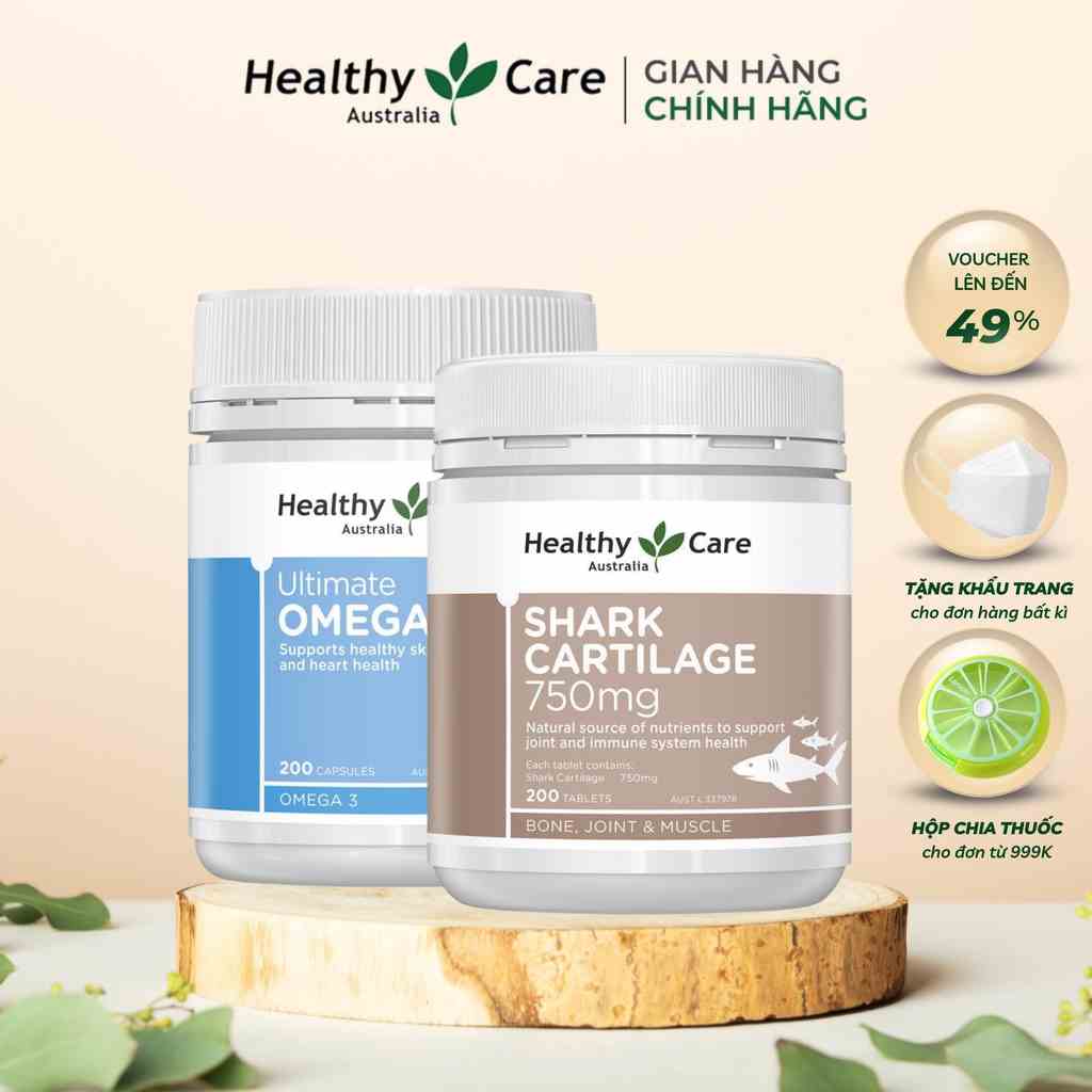 Combo Viên uống Healthy Care Omega hỗ trợ tim mạch huyết áp xương khớp, Healthy Care Shark Cartilage 750mg 200 viên