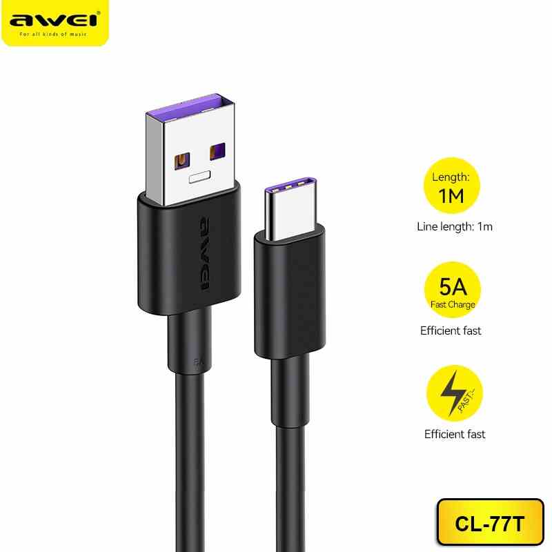 Cáp sạc nhanh Awei CL-77T 5A chuyển đổi từ USB sang cổng type C 40W cho điện thoại Samsung/Vivo/Huawei/Xiaomi