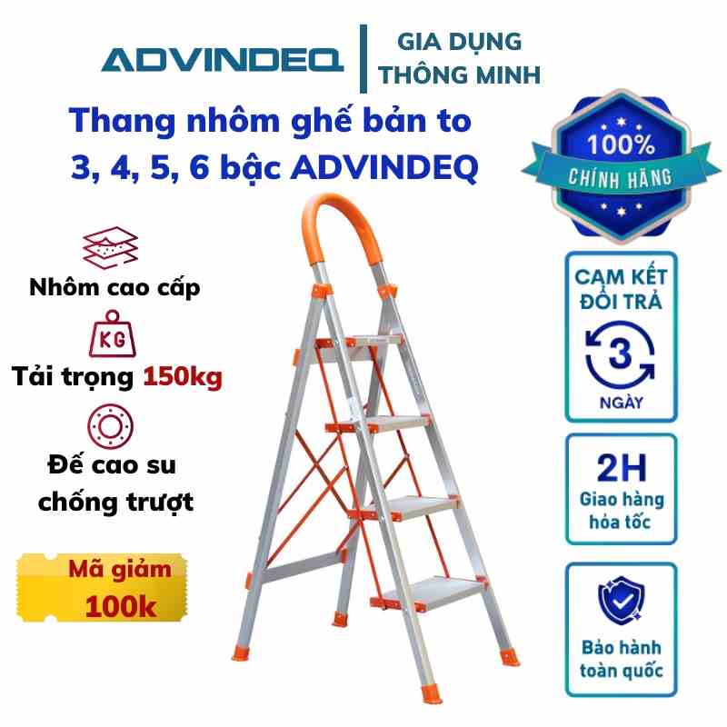 Thang nhôm ghế ADVINDEQ bản to 3, 4, 5, 6 bậc thang chữ a chất liệu hợp kim nhôm cao cấp chính hãng BH 24 tháng