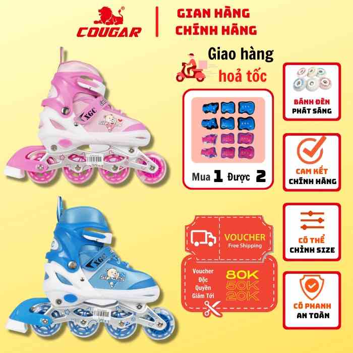 Giày Patin Trẻ Em Cougar-Papaison A2, Bánh Có Đèn Phát Sáng, Có Nút Chỉnh Size, Frame Hợp Kim Chắc Chắn