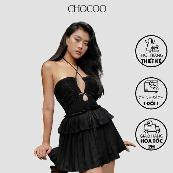 Váy xếp ly CHOCOO Mimmi Dress thiết kế dáng xòe cổ cột dây màu đen chất liệu voan cao cấp