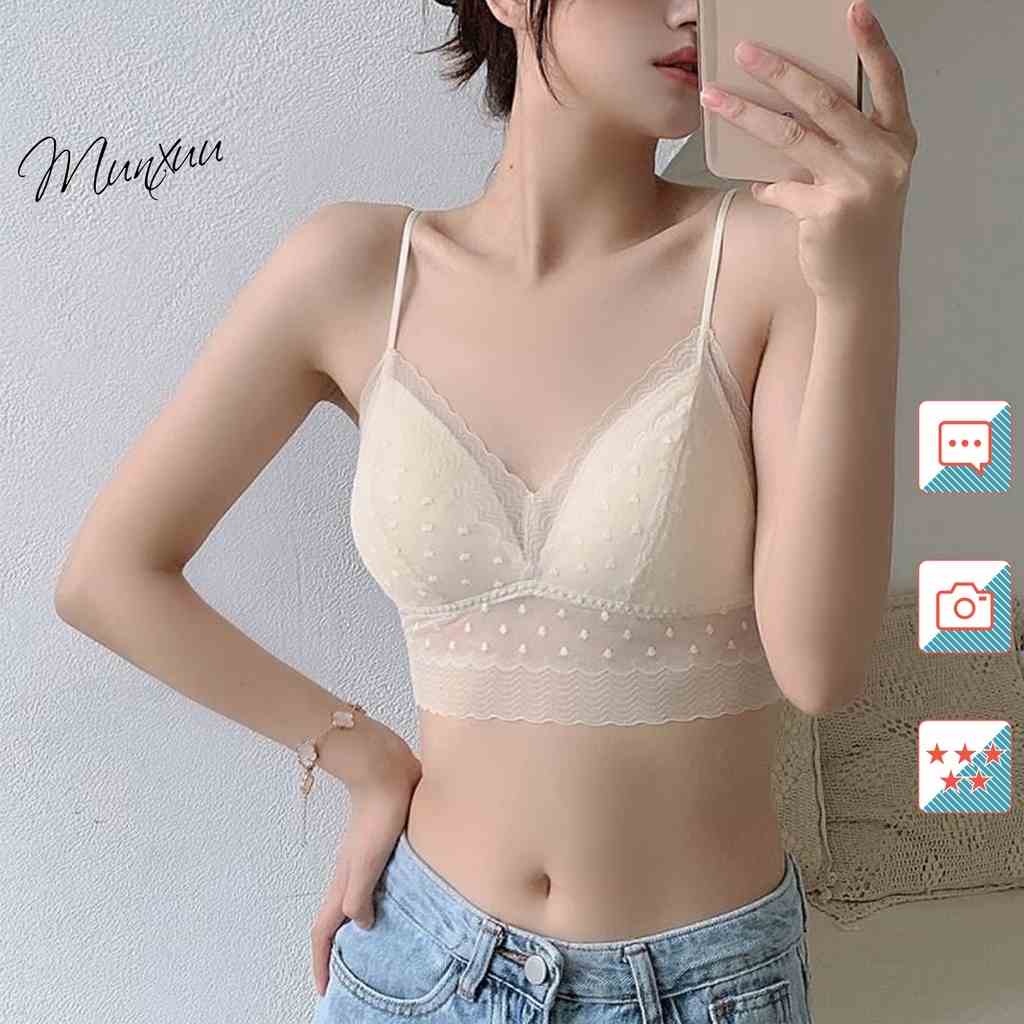 Áo bra 2 dây nữ Munxuu họa tiết tiểu thư phối ren gợi cảm, đệm mút mỏng thoải mái - BR15