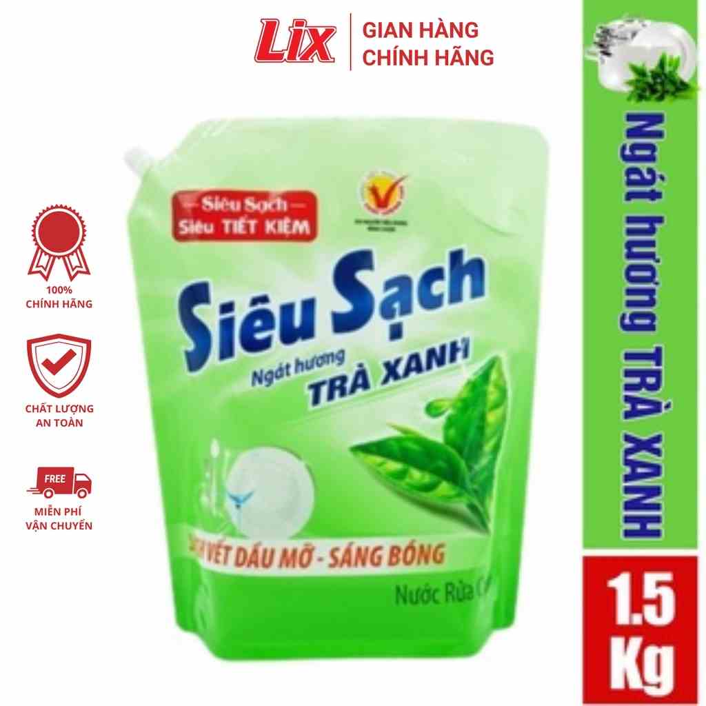 Túi nước rửa chén Siêu Sạch Lix 1.5Kg sạch bóng vết dầu mỡ tinh dầu gừng cam/ gừng sả thơm mát an toàn cho da tay - On1