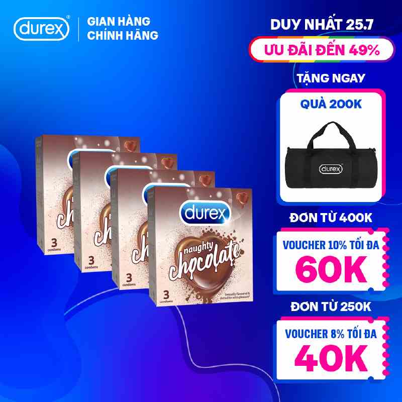 Bộ 4 hộp bao cao su Durex Naughty Chocolate hương socola (size 53mm, 3 bao/hộp) 