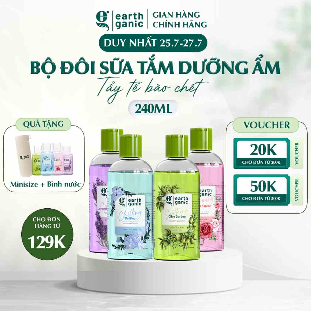 Combo tiết kiệm 240ml - Bộ đôi sữa tắm dưỡng ẩm Earthganic AHA tẩy tế bào chết thơm lâu thành phần thiên nhiên