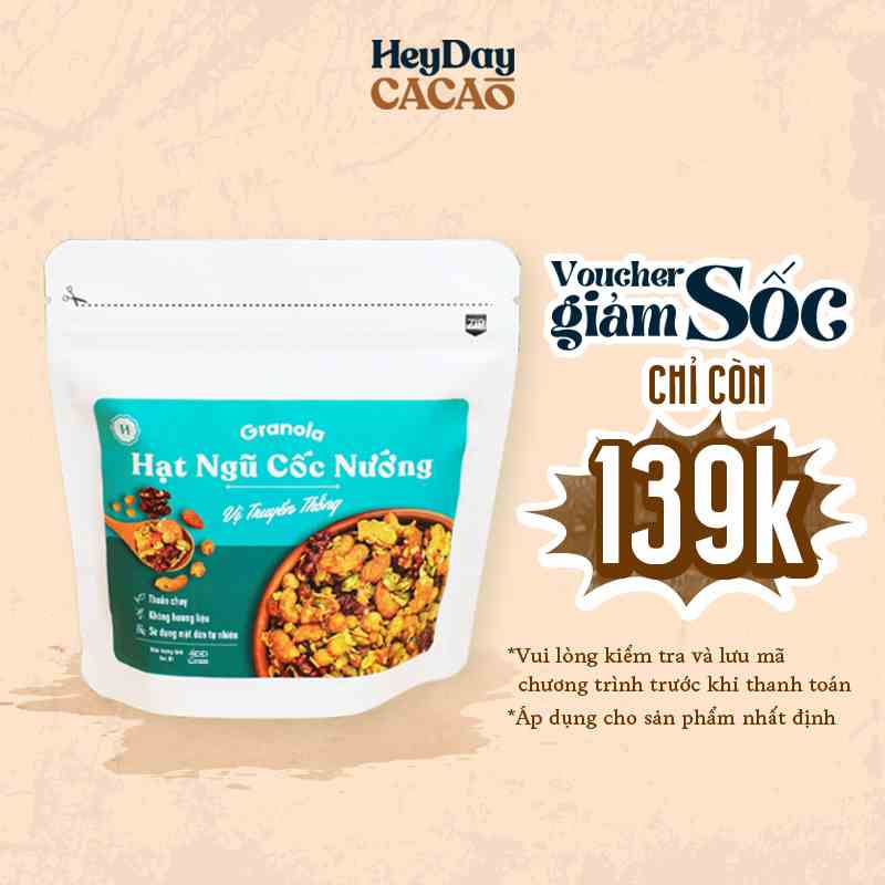 Granola nướng mật dừa giòn tan, Vị Truyền Thống, Túi 400g, 8 loại hạt ngũ cốc giảm cân, 0 trái cây sấy- Heyday