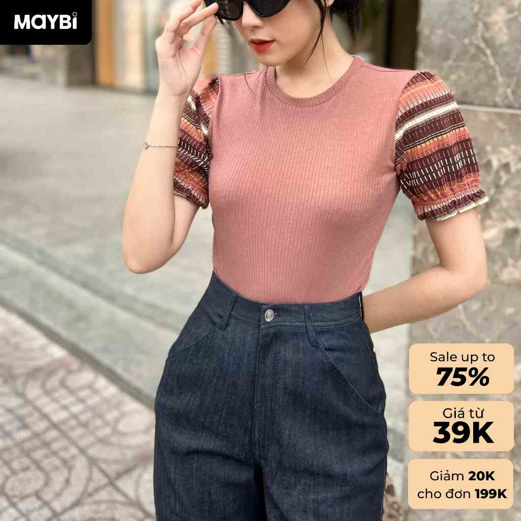 Áo croptop Maybi ôm thun phối bo sọc