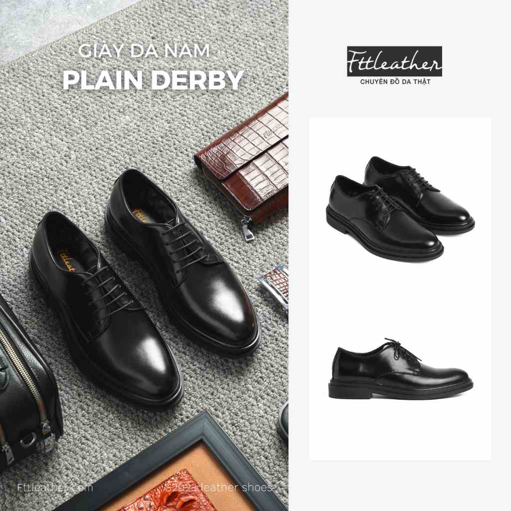 Giày da bò nam FTT Leather Derby trơn tăng chiều cao màu đen mã F0301