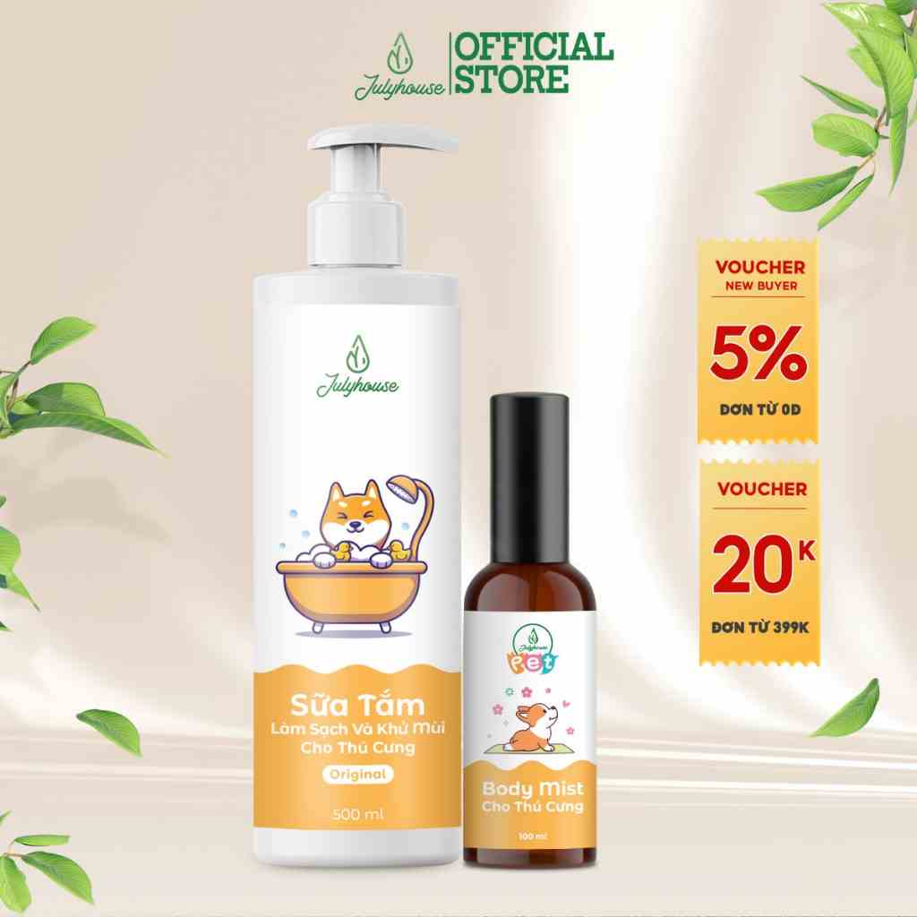 Combo Sữa tắm cho chó mèo 150ml/500ml và Xịt thơm dưỡng lông bodymist cho chó mèo 100ml Julyhouse