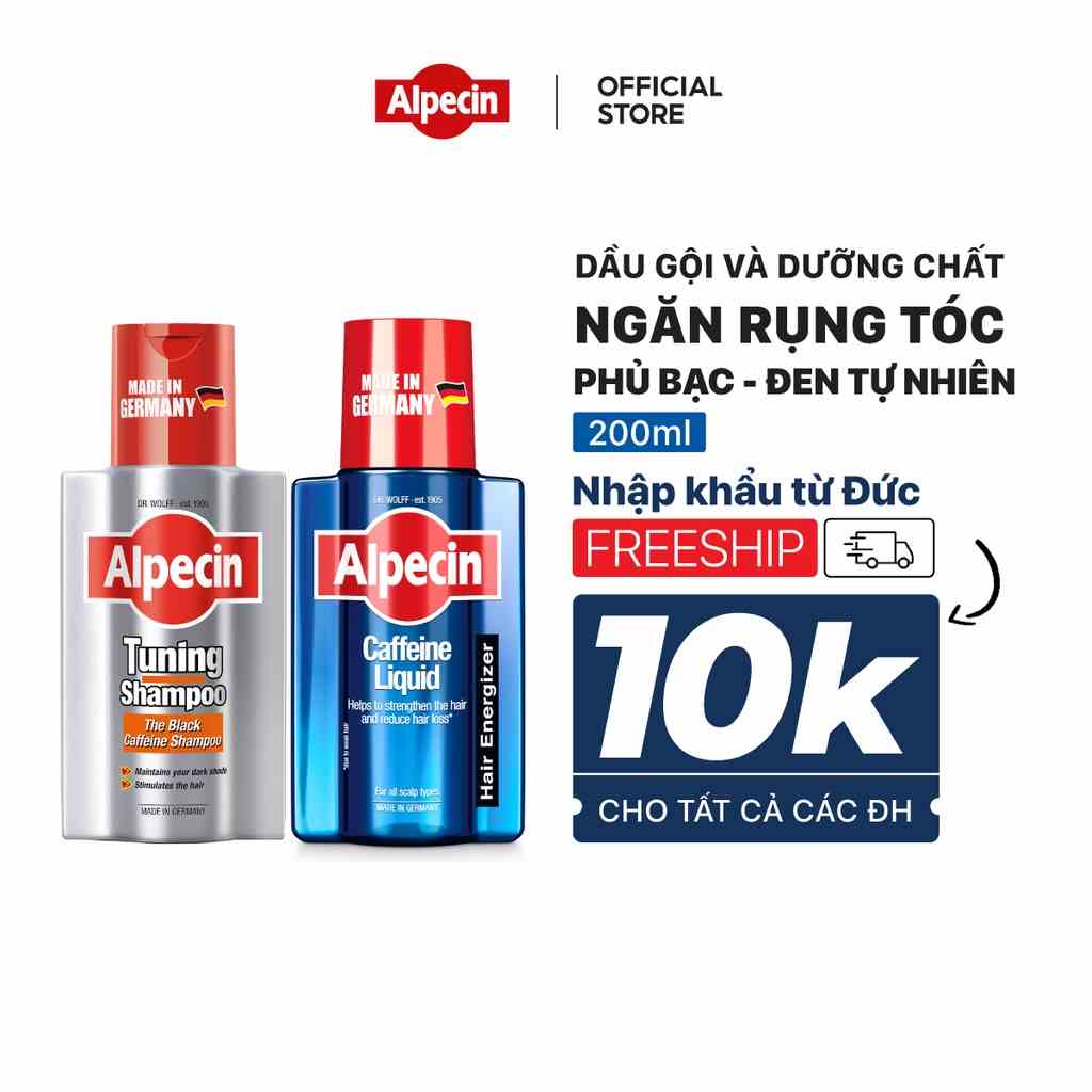 Bộ đôi dầu gội và dưỡng chất tóc phủ bạc ngăn rụng tóc Caffein Alpecin Shampoo giúp đen tóc tự nhiên chắc khỏe