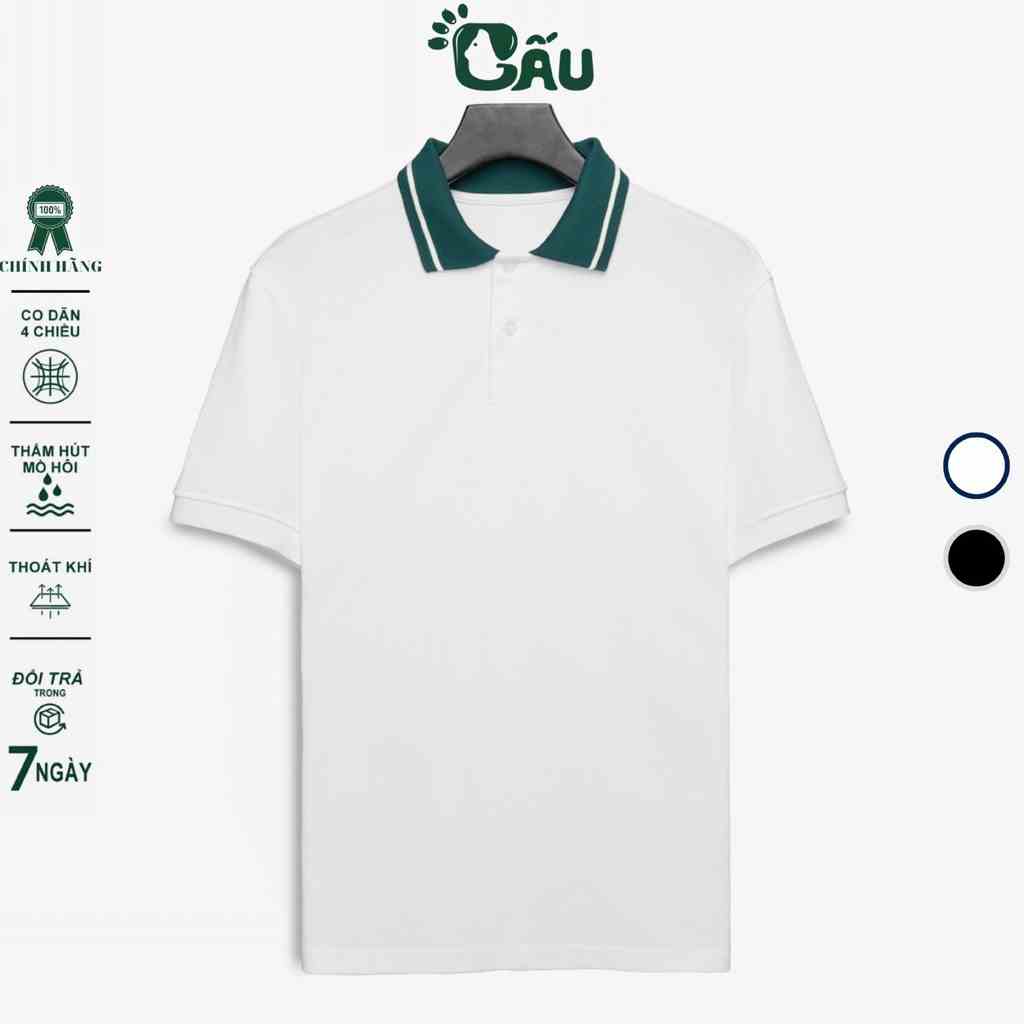 Áo thun Polo GẤU 194 Trơn Unisex vải cá sấu Poly co dãn 4 chiều dày dặn form gerular fit - PL Xanh Rêu 1 Sọc Trắng