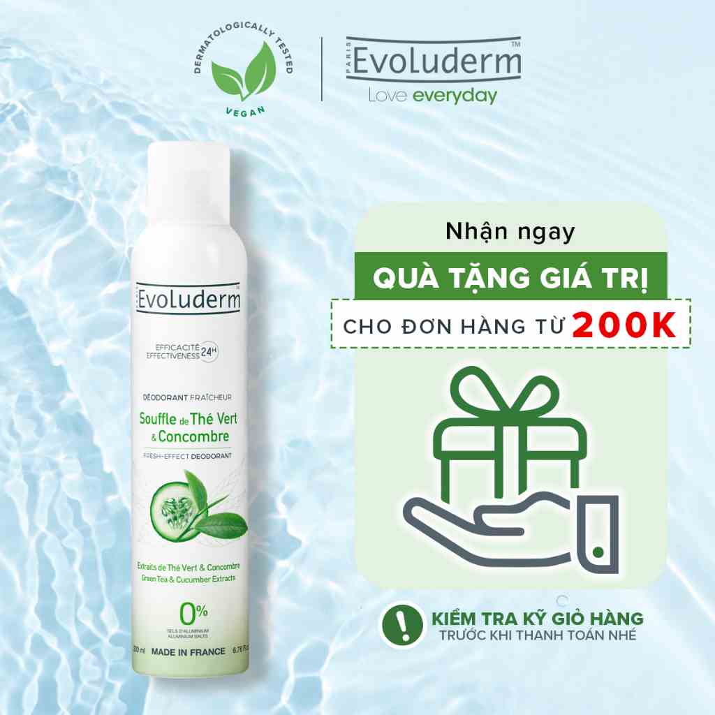 Xịt khử mùi toàn thân Evoluderm chiết xuất Trà Xanh và Dưa Leo ngăn khuẩn gây mùi suốt 24h - 200ml (20377)