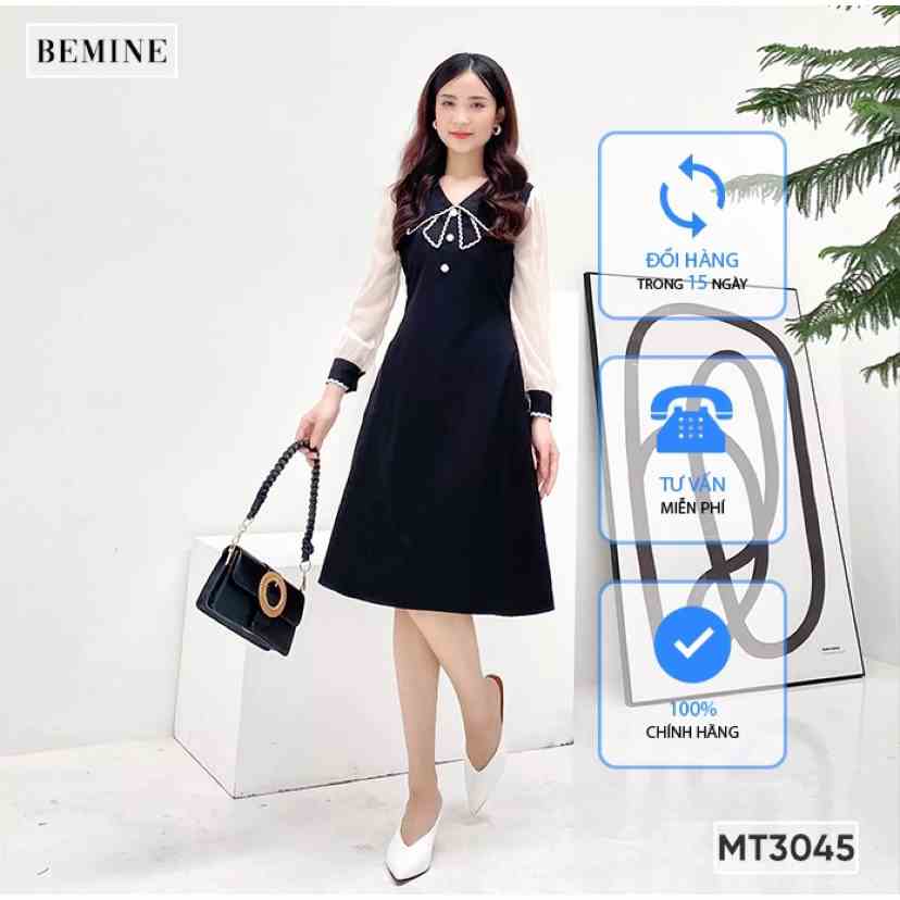 Đầm tay dài cổ phối nơ BEMINE MT3045DEN